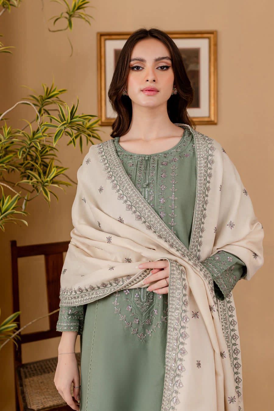Sage green Batik suit with ivory embroidered dupatta