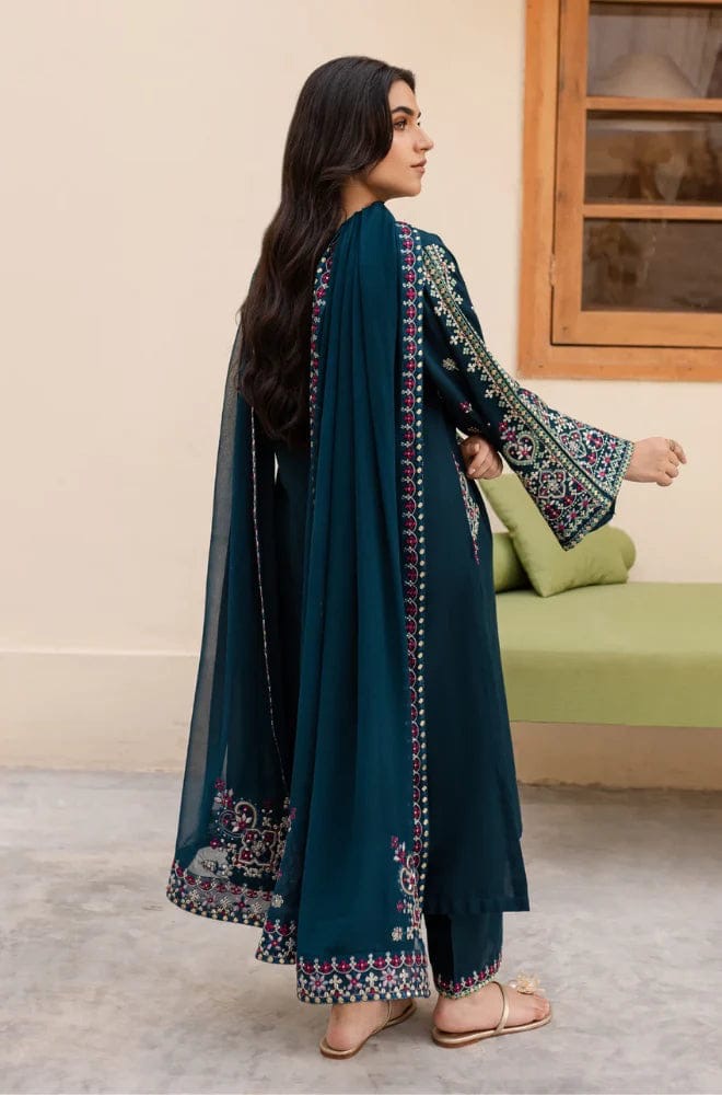 Teal Dhanak suit back and dupatta view
