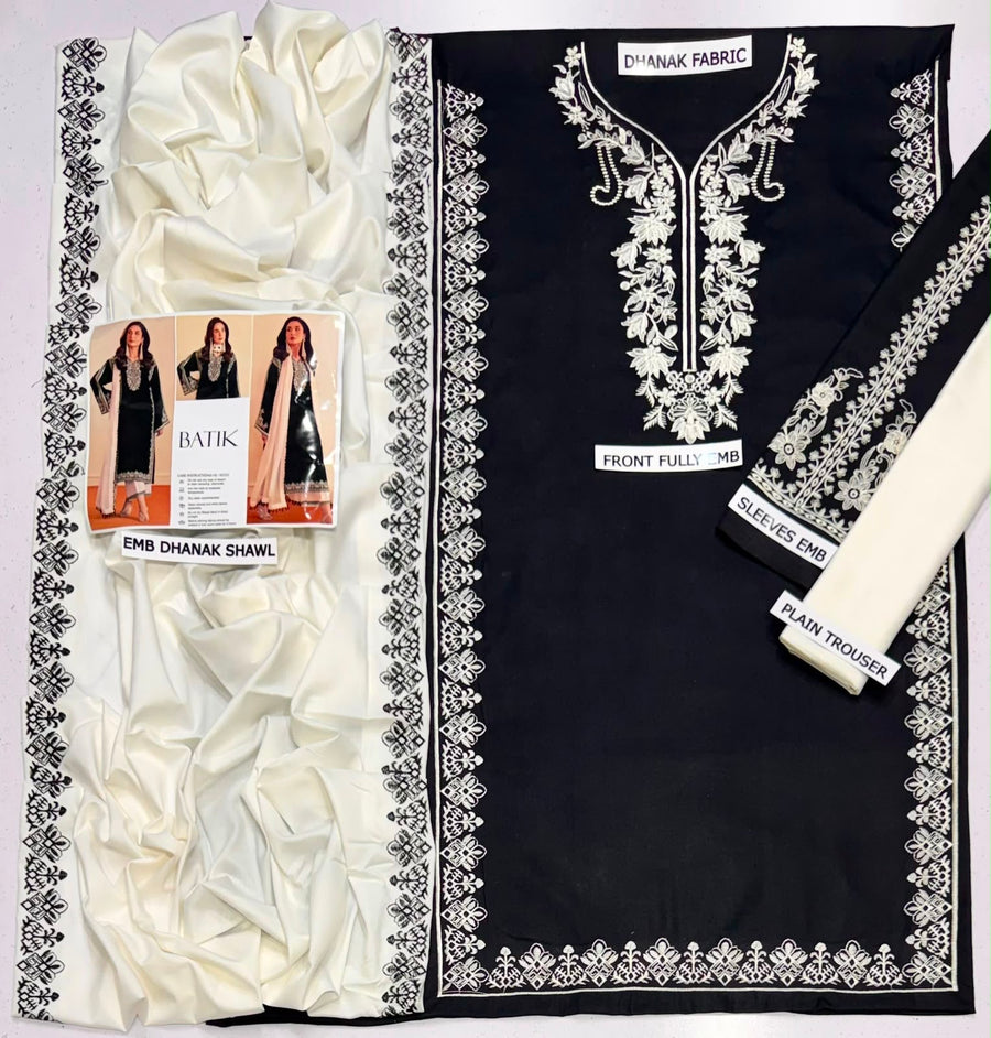 Black Batik embroidered 3-piece suit fabric set