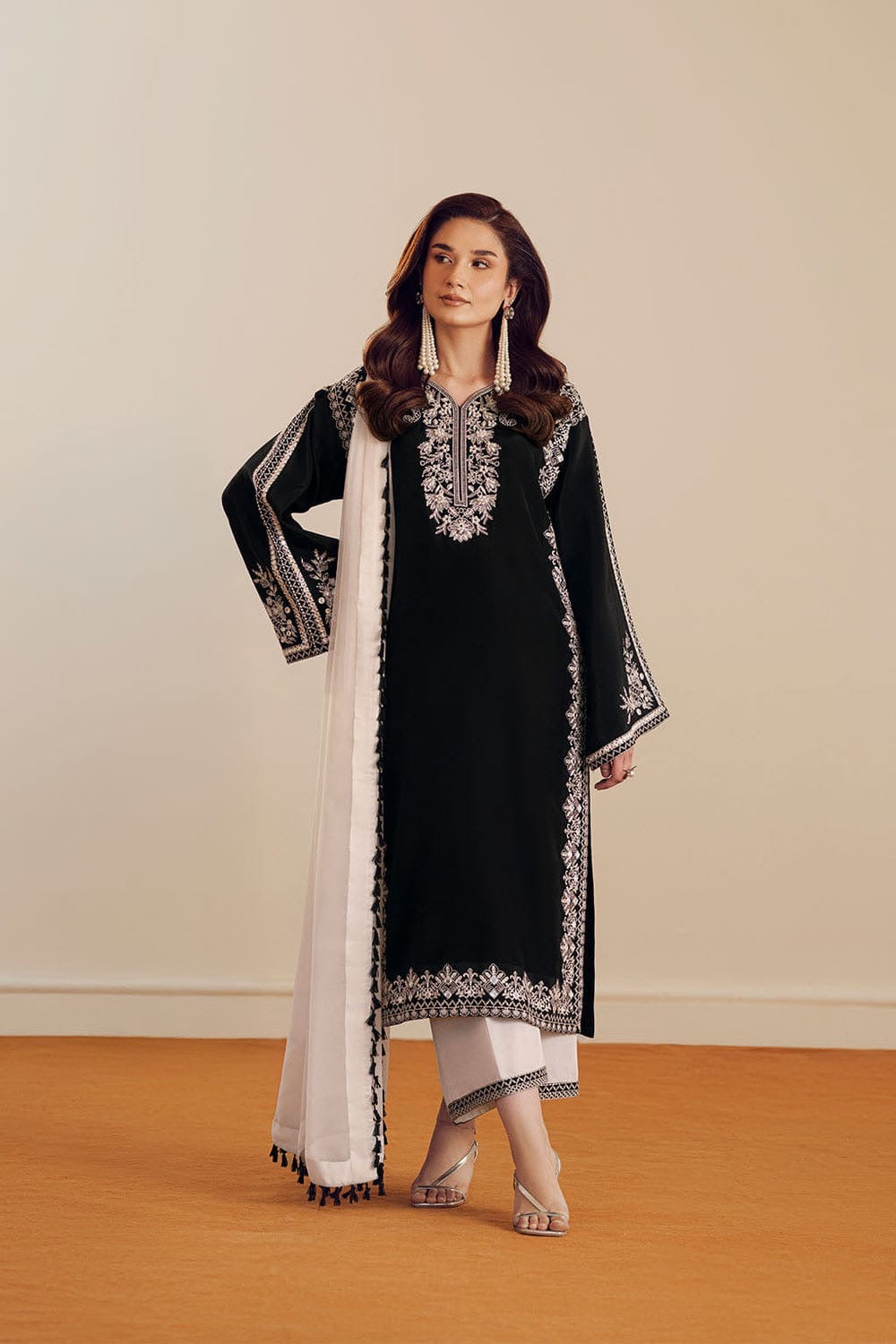 Black Batik embroidered suit full model view