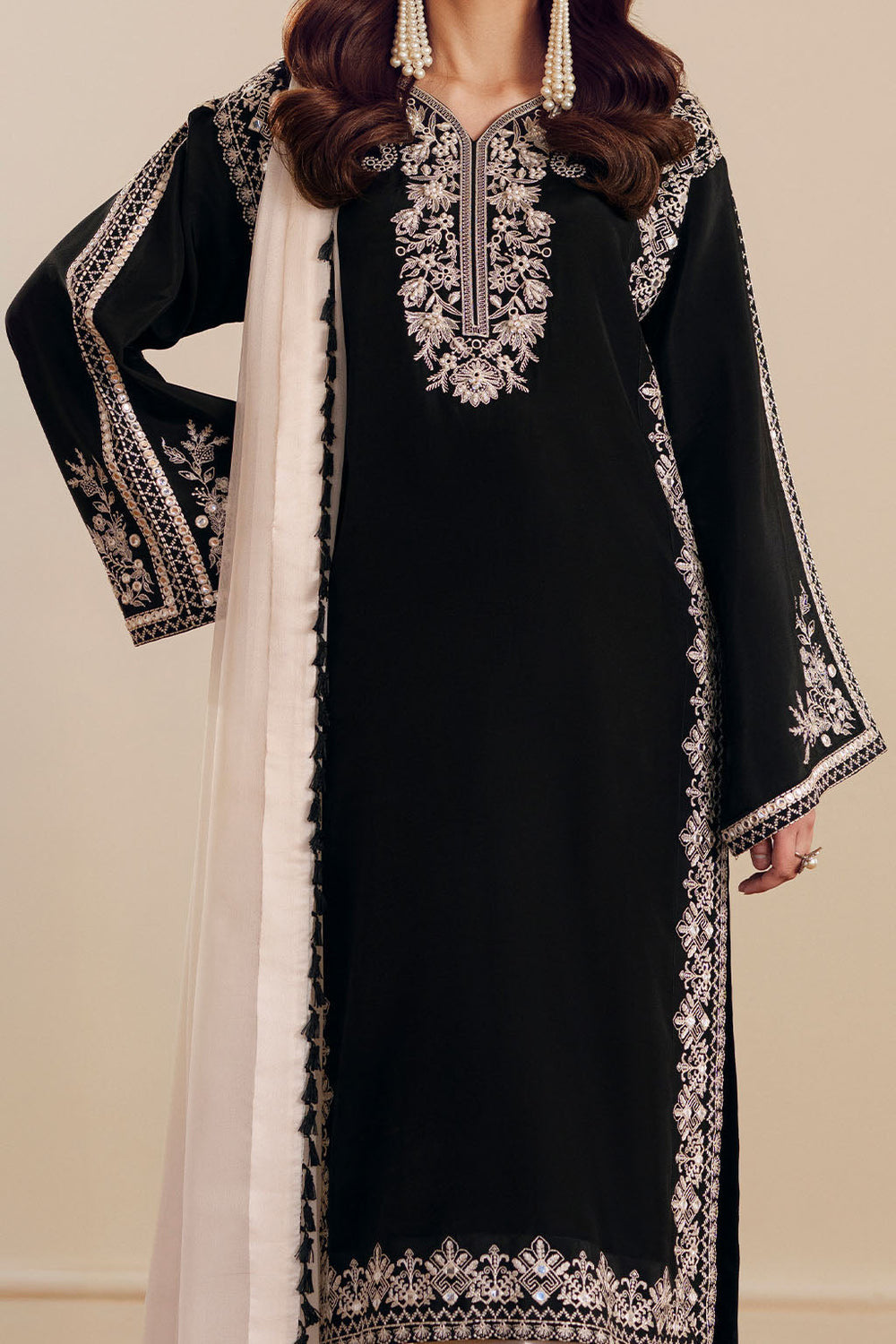 Black Batik embroidered 3-piece suit model view