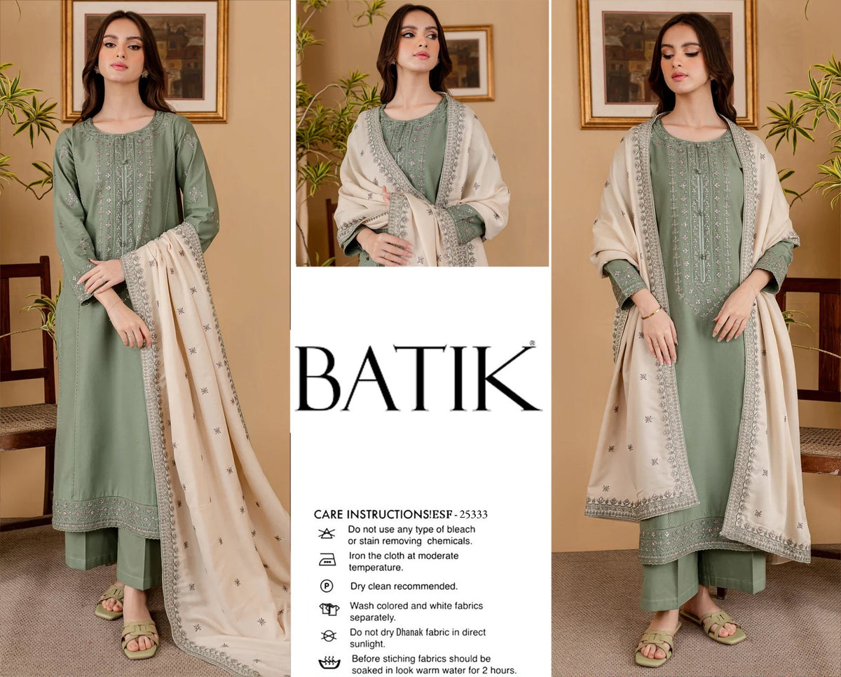 Sage green Batik suit with embroidered dupatta