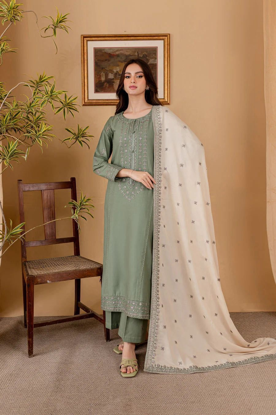 Sage green Batik embroidered 3-piece suit