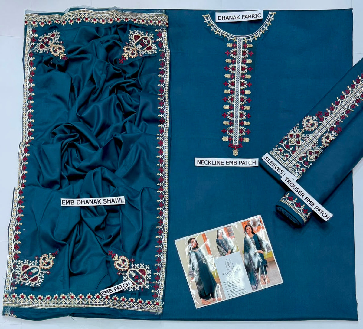 Teal Dhanak embroidered 3-piece suit fabric set