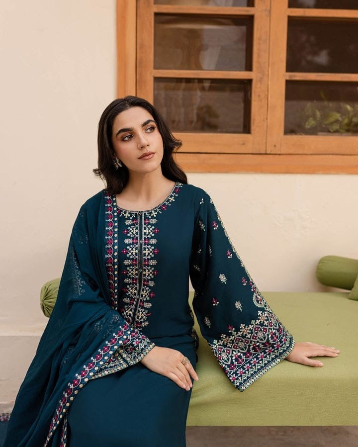 Teal Dhanak embroidered 3-piece suit model view